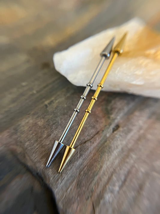 Steel or Gold Titanium Plated Plated Bamboo Notched Long Spikes Industrial Scaffold Bar Barbell 14G (1.6mm) Piercing Piercings 316L Spiked