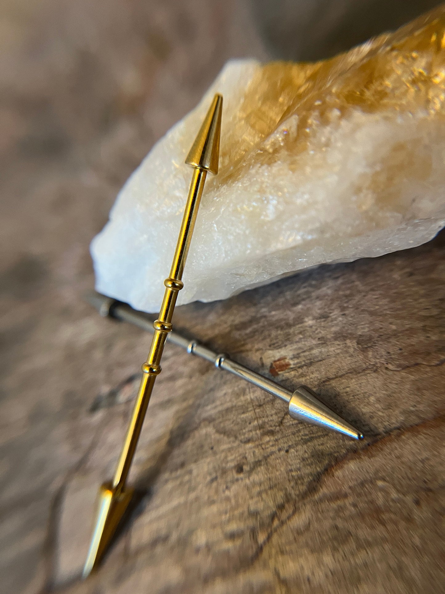 Steel or Gold Titanium Plated Plated Bamboo Notched Long Spikes Industrial Scaffold Bar Barbell 14G (1.6mm) Piercing Piercings 316L Spiked