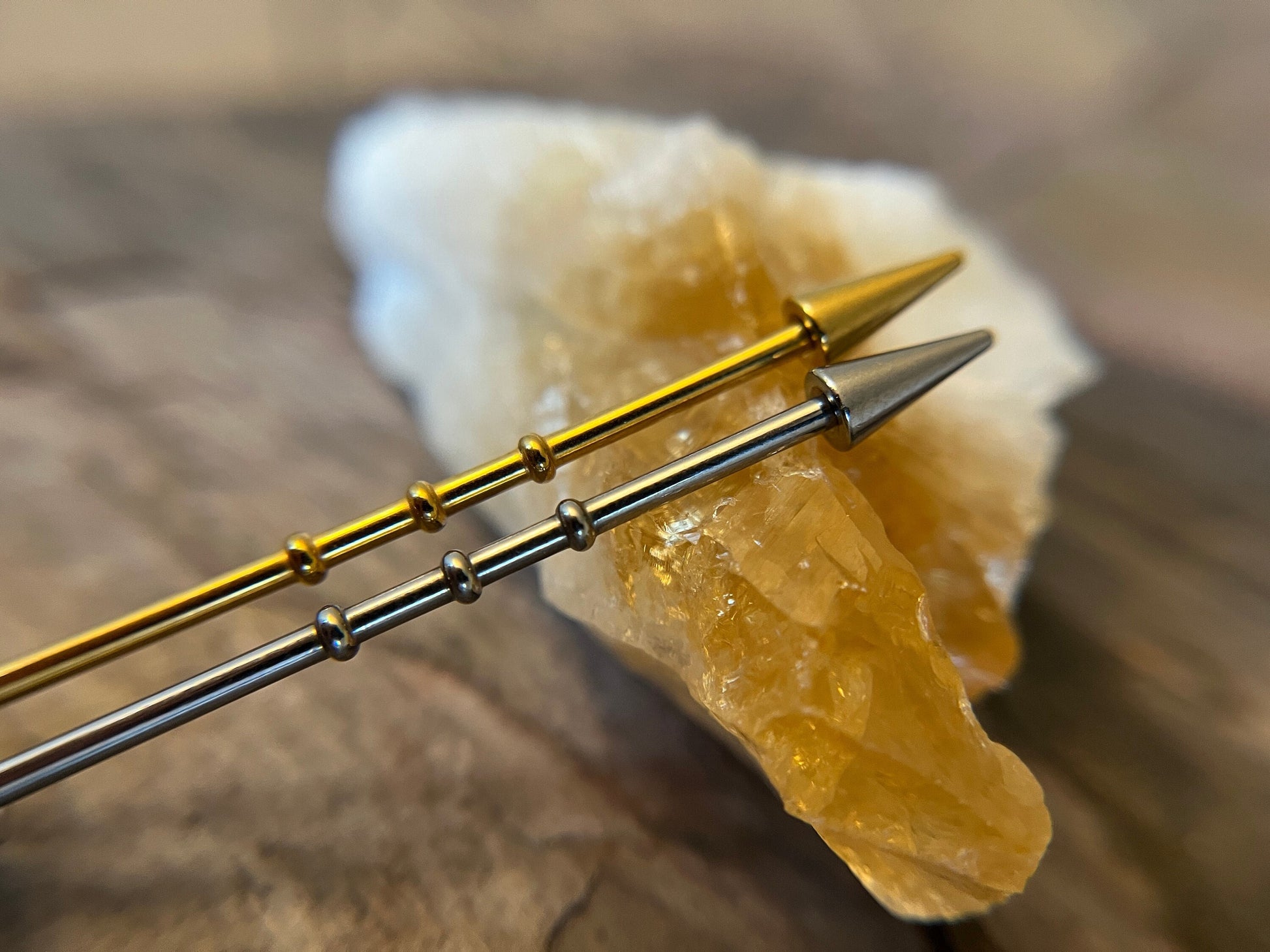 Steel or Gold Titanium Plated Plated Bamboo Notched Long Spikes Industrial Scaffold Bar Barbell 14G (1.6mm) Piercing Piercings 316L Spiked
