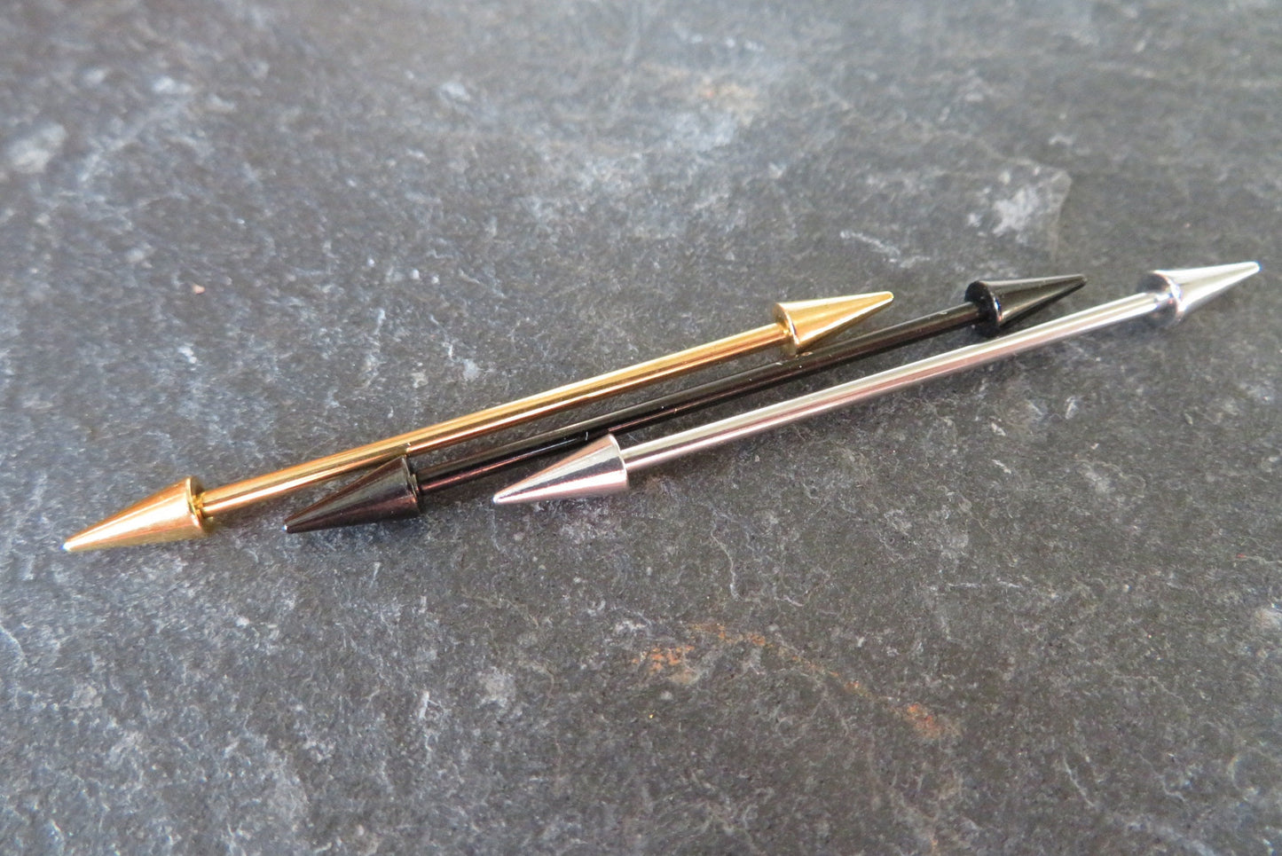 Pick-Your-Finish Long Spiked Industrial Scaffold Bar Barbells 14G (1.6mm) Piercing Piercings Barbell Spikes Spike Punk Rock Goth