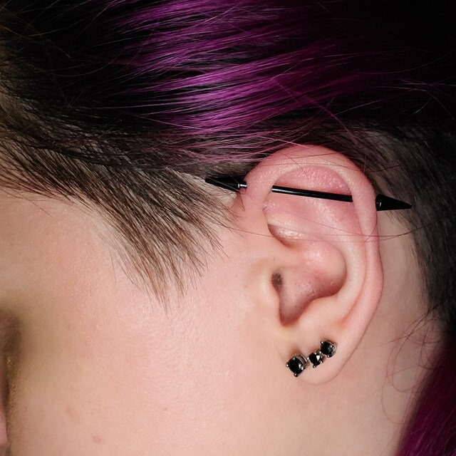 Pick-Your-Finish Long Spiked Industrial Scaffold Bar Barbells 14G (1.6mm) Piercing Piercings Barbell Spikes Spike Punk Rock Goth