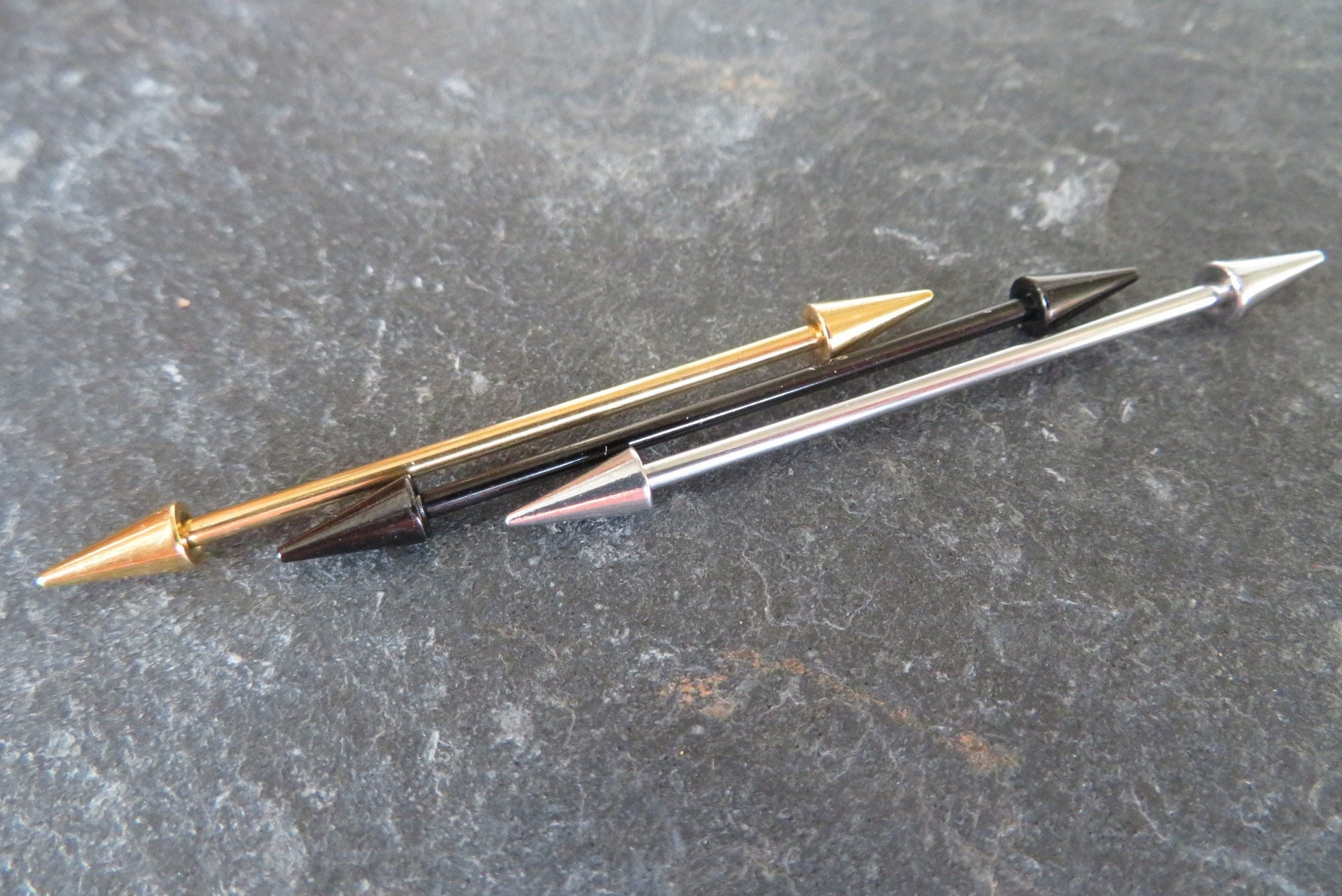 Pick-Your-Finish Long Spiked Industrial Scaffold Bar Barbells 14G (1.6mm) Piercing Piercings Barbell Spikes Spike Punk Rock Goth