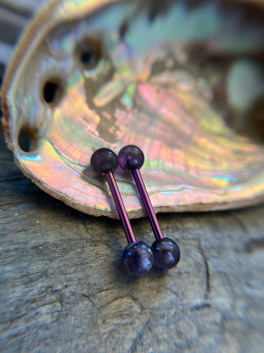 Petite Stones Purple Titanium Ion Plated Natural Purple Amethyst 5mm Stone Nipple Tongue Ring 14G (1.6mm) Barbell Barbells Bars Piercing