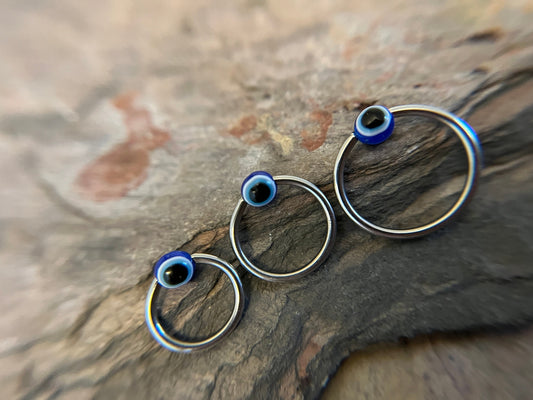 Pure Titanium T-23 Implant Grade Blue Evil Eye Bead CBR Ring Hoop 16G (1.2mm) 14G (1.6mm) Nose Helix Septum Lip Piercing Resin Boho