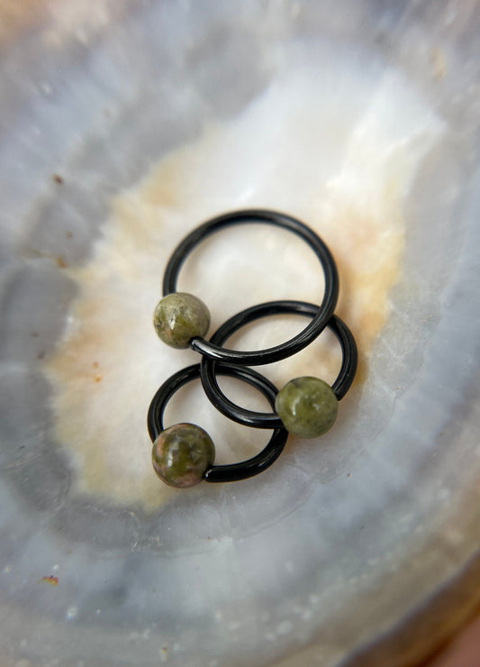 Natural Unakite Jasper Stone Bead Black Titanium Plated CBR Ring Hoop 16G (1.2mm) 14G (1.6mm) Nose Cartilage Septum Piercing 316L Steel
