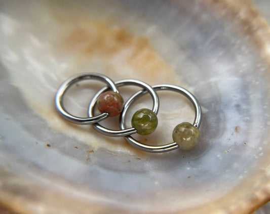 Pure Titanium T-23 Implant Grade Natural Unakite Jasper Stone Bead CBR Ring Hoop 16G (1.2mm) 14G (1.6mm) Nose Helix Septum Lip Piercing