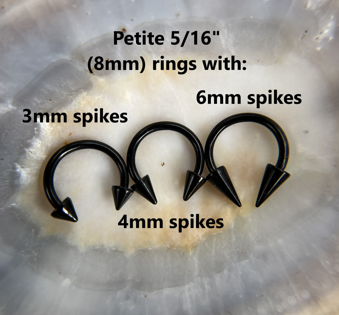 Black Titanium Plated Petite Long Spikes Horseshoe Ring 16G (1.2mm) Septum Cartilage Daith Nose Piercing Spiked Custom Sizes