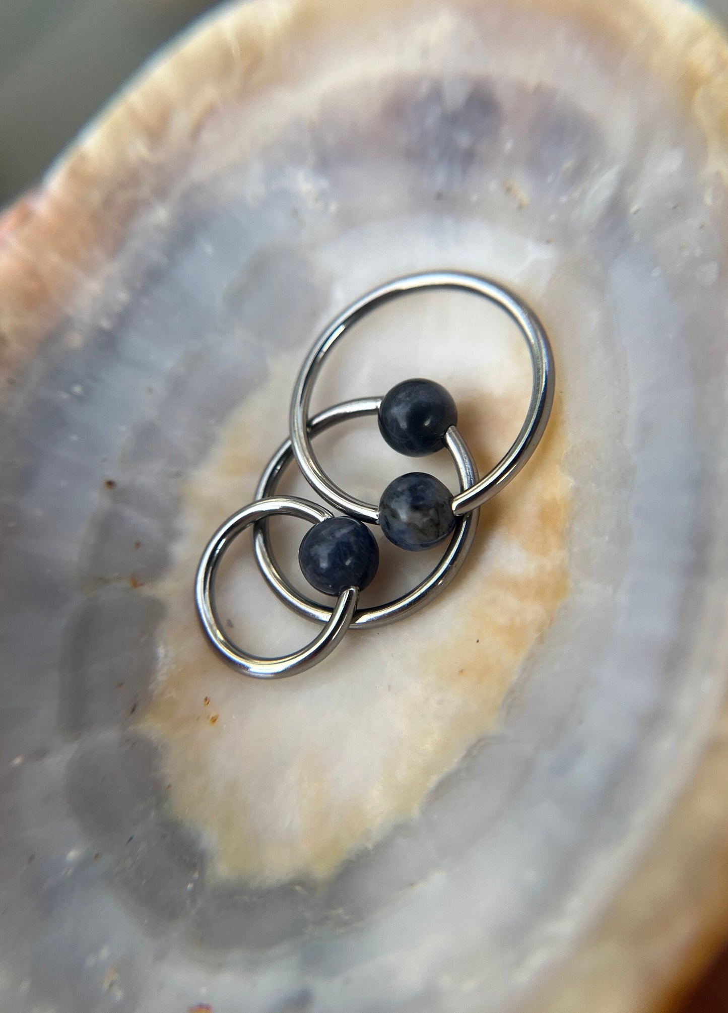 Pure Titanium T-23 Implant Grade Natural Blue Sodalite Stone Bead CBR Ring Hoop 16G (1.2mm) 14G (1.6mm) Nose Septum Helix Lip Piercing