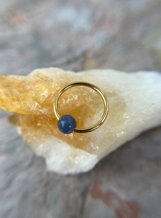 Natural Blue Sodalite Stone Bead Gold Titanium Plated CBR Ring Hoop 16G (1.2mm) 14G (1.6mm) Nose Cartilage Septum Piercing 316L Steel