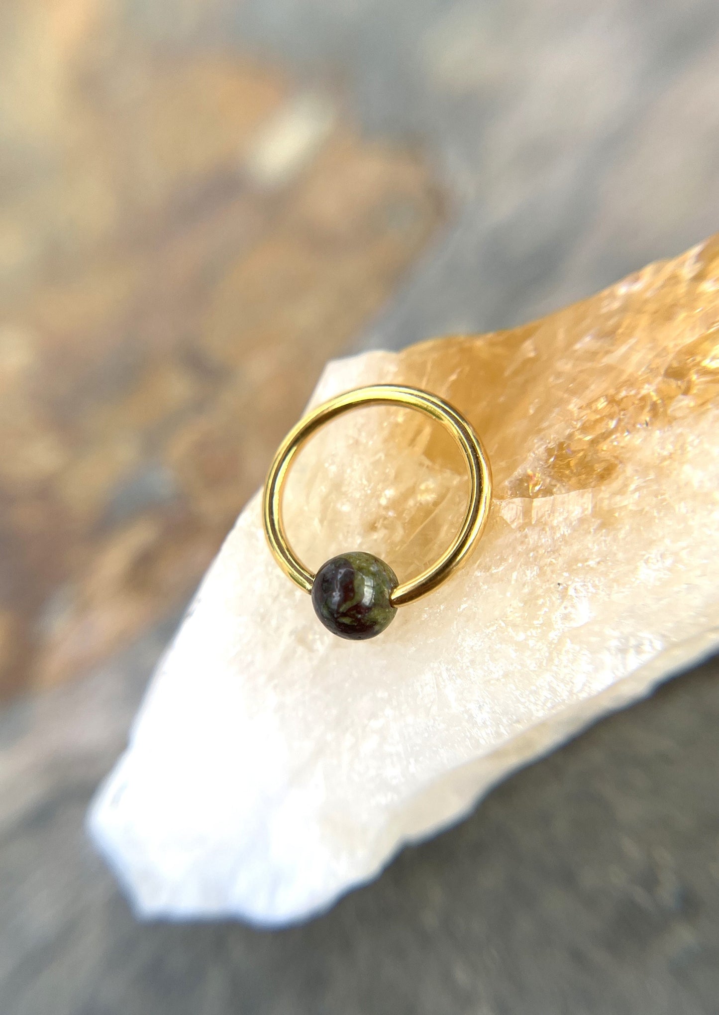 Natural Dragon's Blood Jasper Stone Bead Gold Titanium Plated CBR Ring Hoop 16G (1.2mm) 14G (1.6mm) Nose Cartilage Septum Piercing Steel