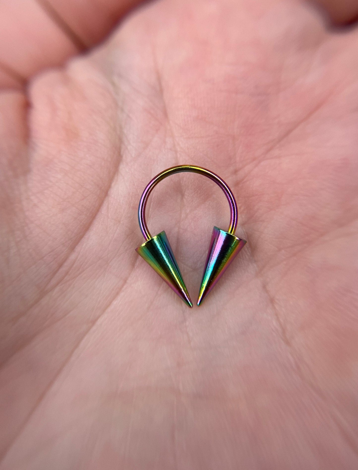 Rainbow Titanium Ion Plated Extra Long Spikes 16G (1.2mm) Horseshoe Ring Septum Nose Cartilage Piercing Steel Spiked Punk Rock Piercings
