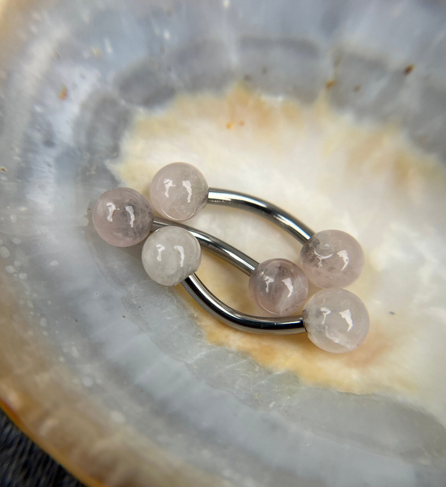 Petite Natural Pink Rose Quartz Stone VCH Floating Belly Navel Ring Barbells 14G (1.6mm) Piercing 316L Surgical Steel Hypoallergenic