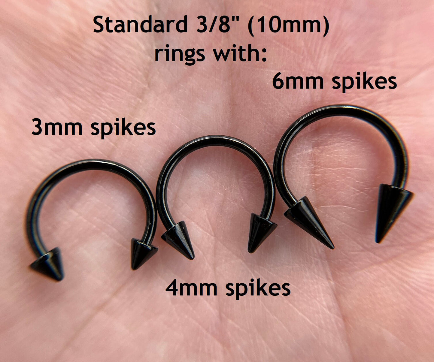 Black Titanium Plated Petite Long Spikes Horseshoe Ring 16G (1.2mm) Septum Cartilage Daith Nose Piercing Spiked Custom Sizes