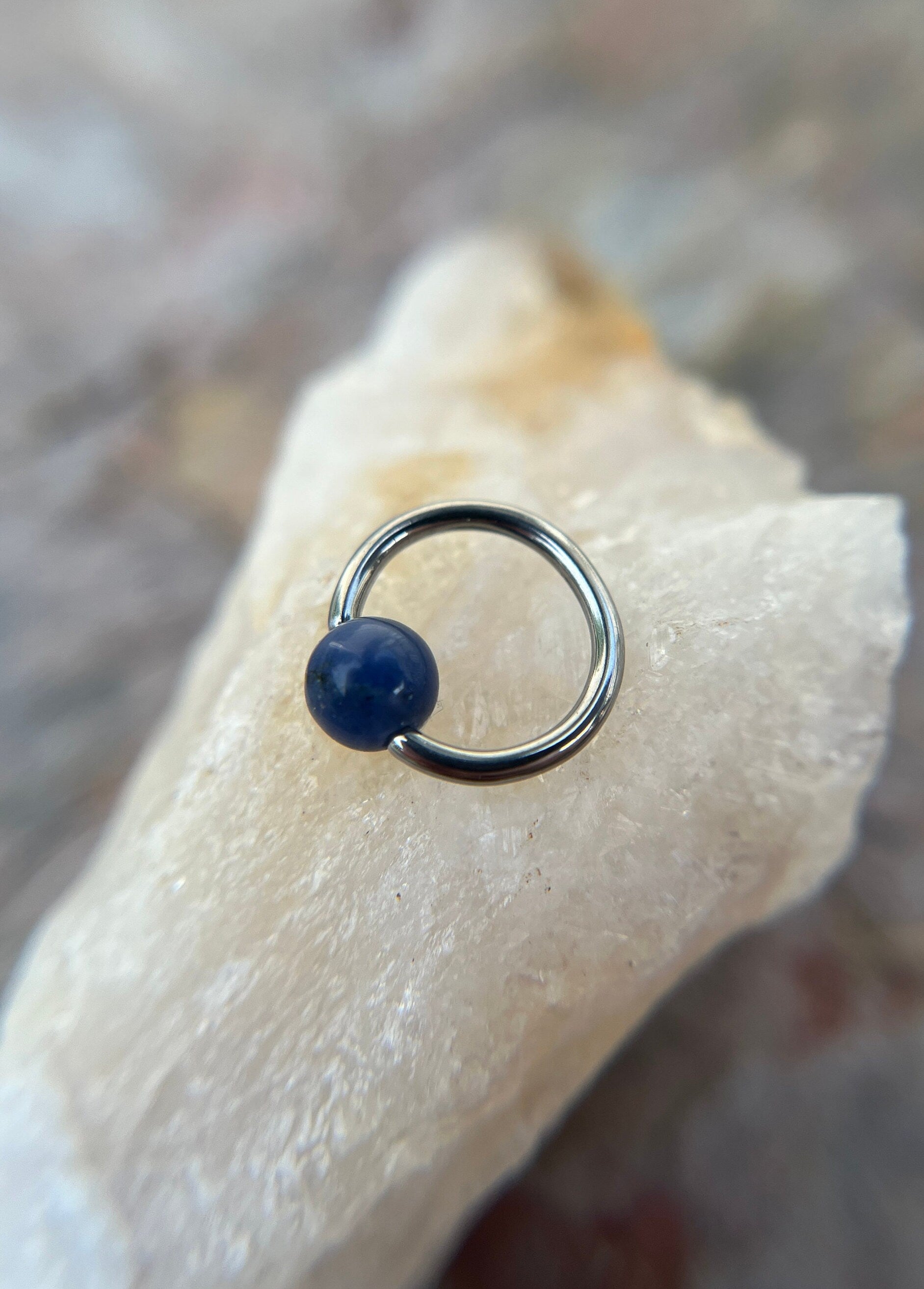 Pure Titanium T-23 Implant Grade Natural Blue Sodalite Stone Bead CBR Ring Hoop 16G (1.2mm) 14G (1.6mm) Nose Septum Helix Lip Piercing