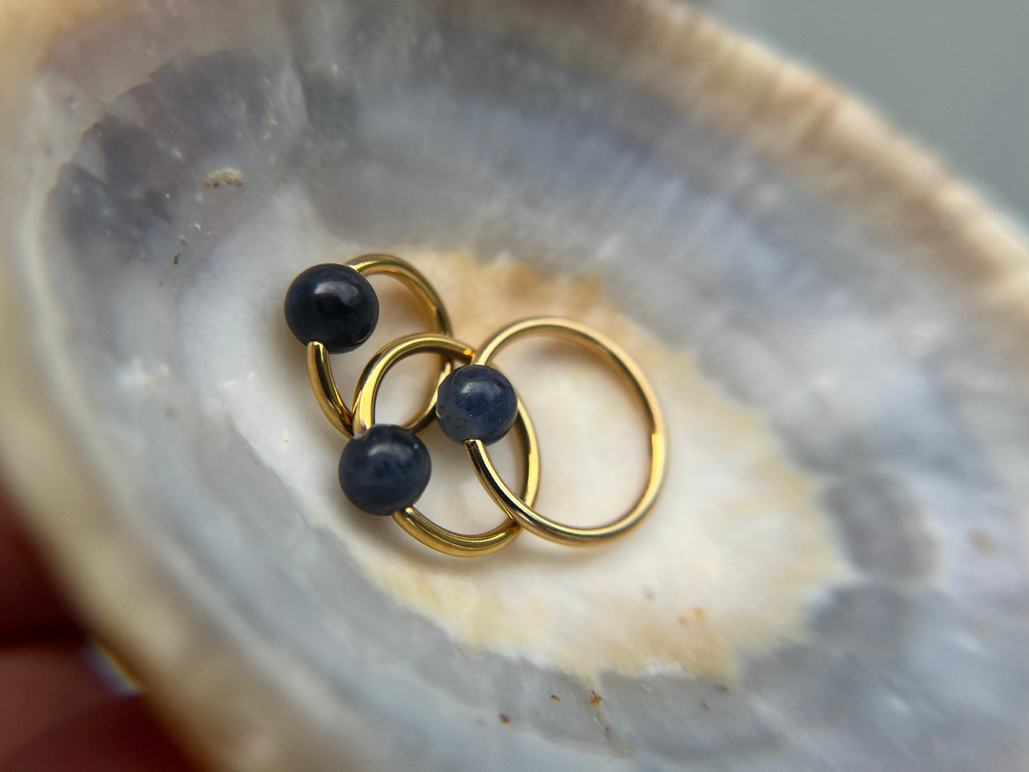 Natural Blue Sodalite Stone Bead Gold Titanium Plated CBR Ring Hoop 16G (1.2mm) 14G (1.6mm) Nose Cartilage Septum Piercing 316L Steel