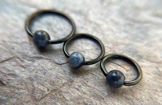 Natural Blue Sodalite Stone Bead Black Titanium Plated CBR Ring Hoop 16G (1.2mm) 14G (1.6mm) Nose Cartilage Septum Piercing Steel Daith
