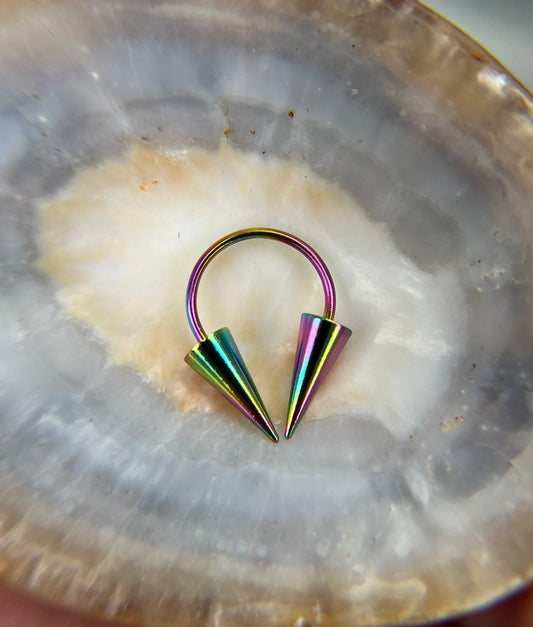 Rainbow Titanium Ion Plated Extra Long Spikes 16G (1.2mm) Horseshoe Ring Septum Nose Cartilage Piercing Steel Spiked Punk Rock Piercings