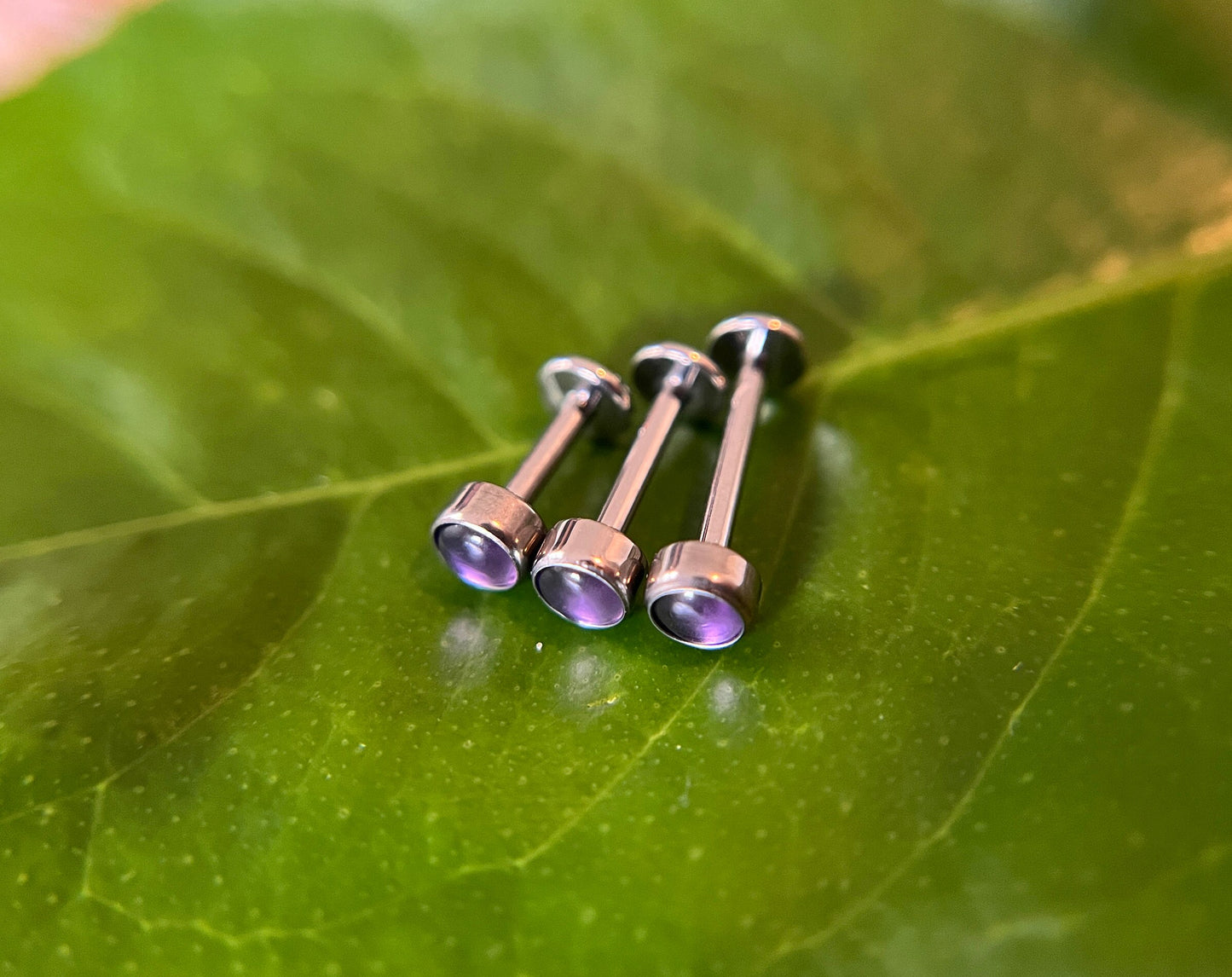 Amethyst Purple Crystal Glass Solid Titanium Grade G23 Hypoallergenic Flatback Labret 16G (1.2mm) Cartilage Tragus Lip Monroe Piercing