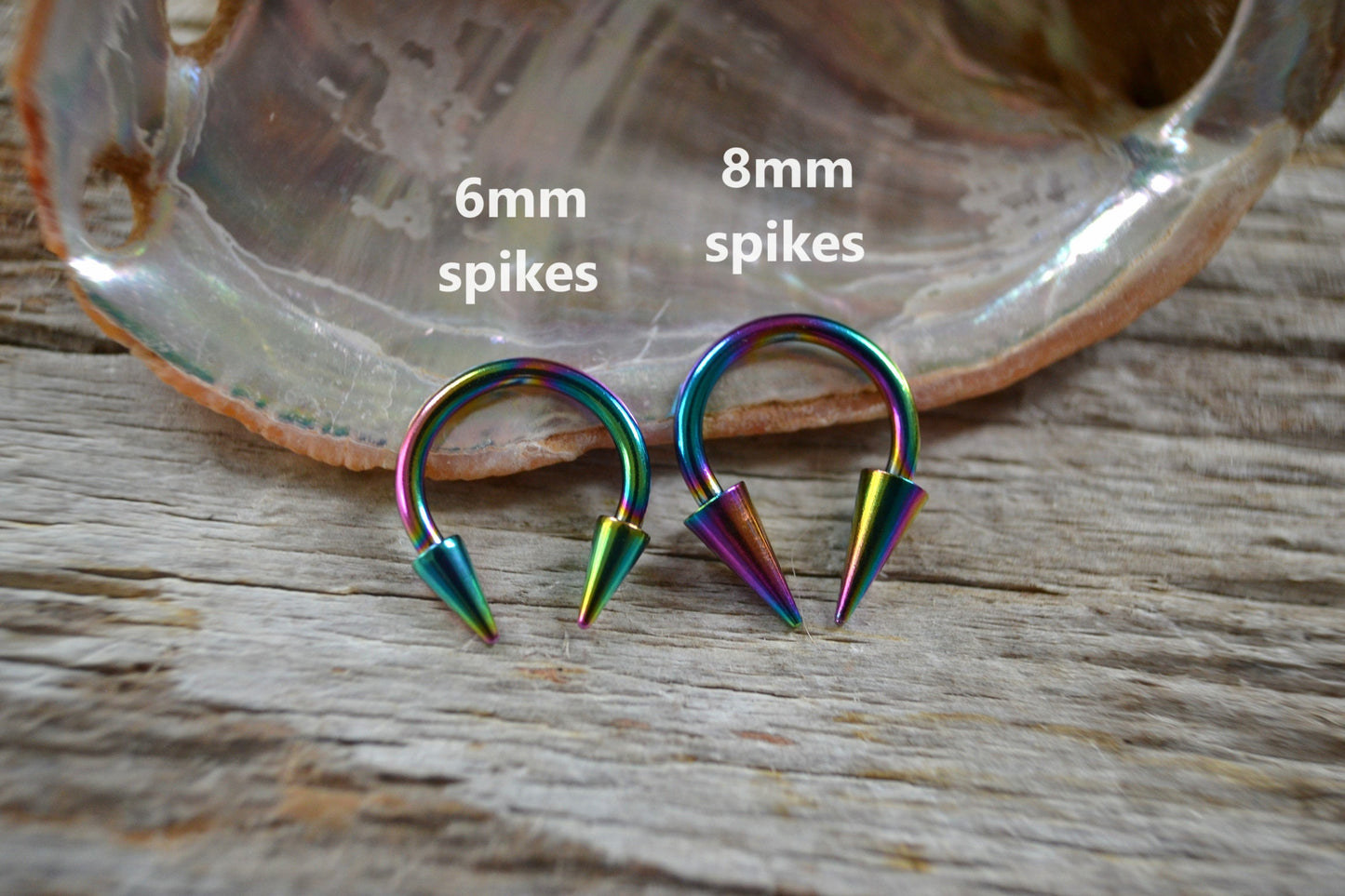THICK Rainbow Titanium IP 14G (1.6mm) Long Spikes Horseshoe Ring Septum Piercing Barbell Curved Spiked Surgical Steel Gauged Up