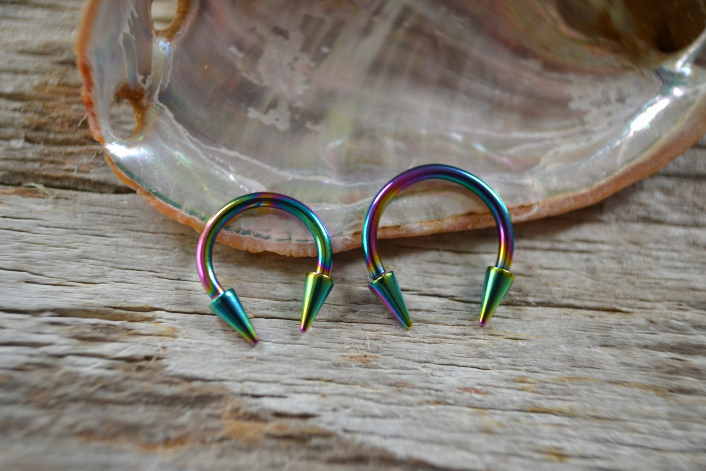 THICK Rainbow Titanium IP 14G (1.6mm) Long Spikes Horseshoe Ring Septum Piercing Barbell Curved Spiked Surgical Steel Gauged Up