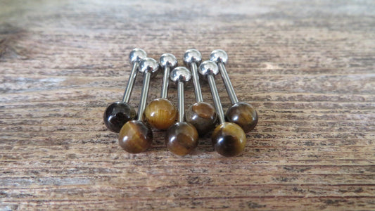Yellow Tiger's Eye Natural Stone Tongue Ring Barbell Bar 14G (1.6mm) Piercing Piercings Barbells Hypoallergenic 316L Surgical Steel