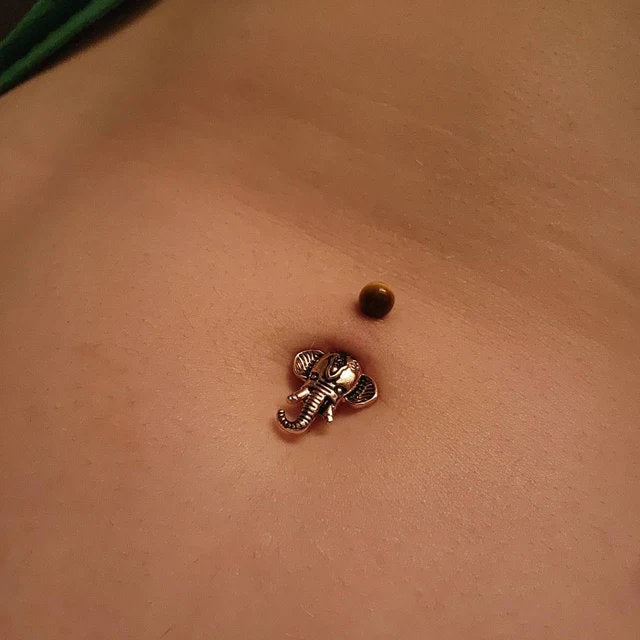 Rutile Quartz Natural Stone Ganesha Elephant 14G (1.6mm) Belly Navel Ring Piercing Rose Gold Steel Barbell