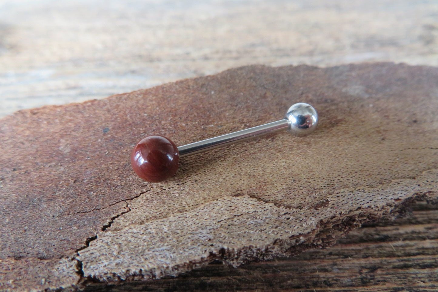Mahogany Jasper Natural Stone Tongue Ring Barbell Bar 14G (1.6mm) Piercing Piercings Barbells Hypoallergenic 316L Surgical Steel