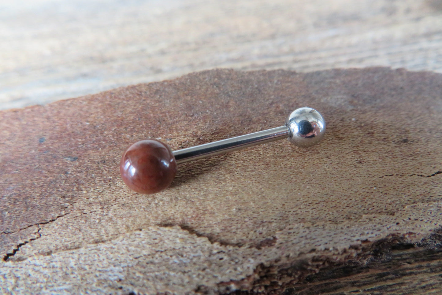 Mahogany Jasper Natural Stone Tongue Ring Barbell Bar 14G (1.6mm) Piercing Piercings Barbells Hypoallergenic 316L Surgical Steel