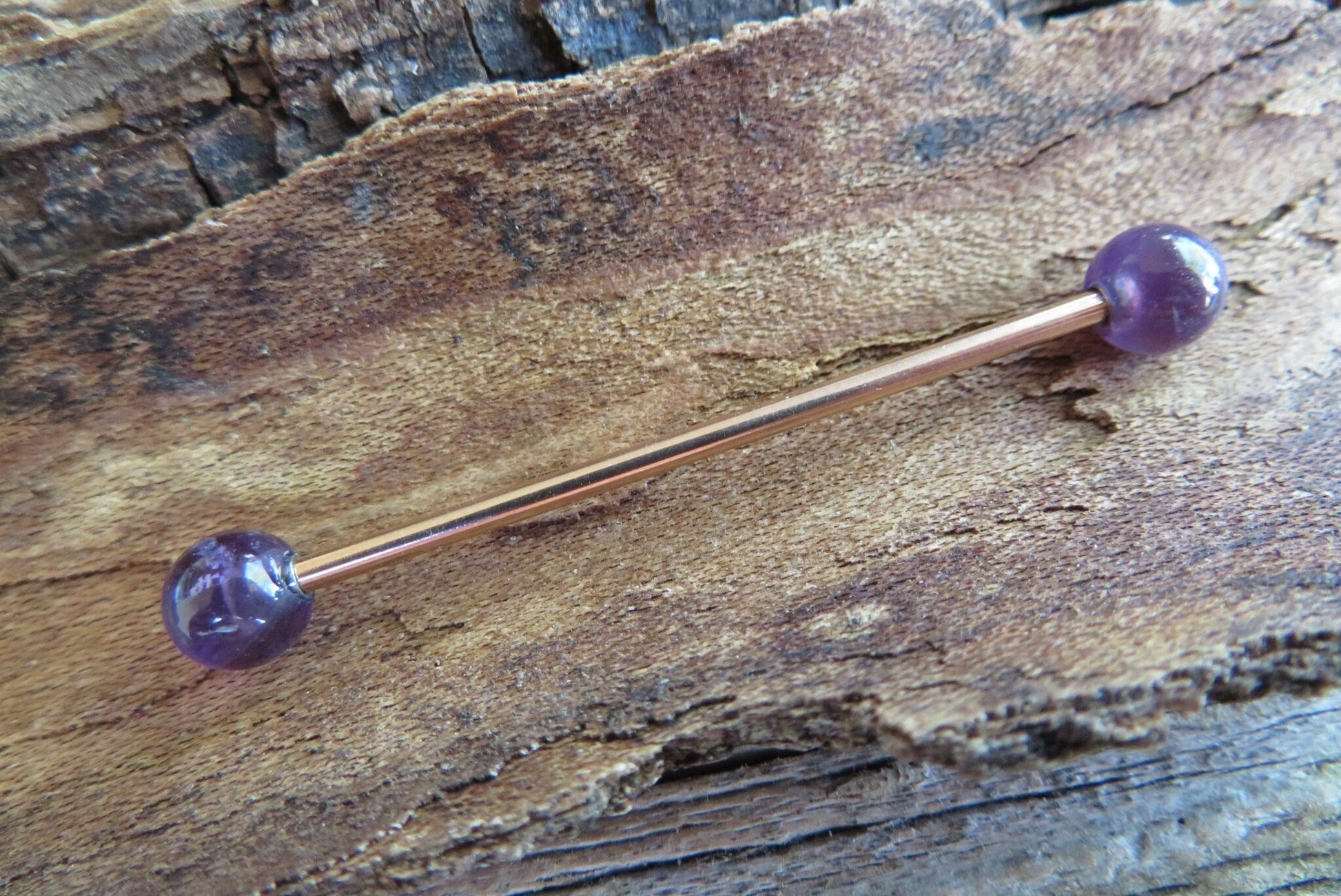 Rose Gold Pick Your Finish Petite Stones Ion Plated Natural Amethyst Industrial Scaffold Bar Barbell 14G (1.6mm) Piercing Piercings
