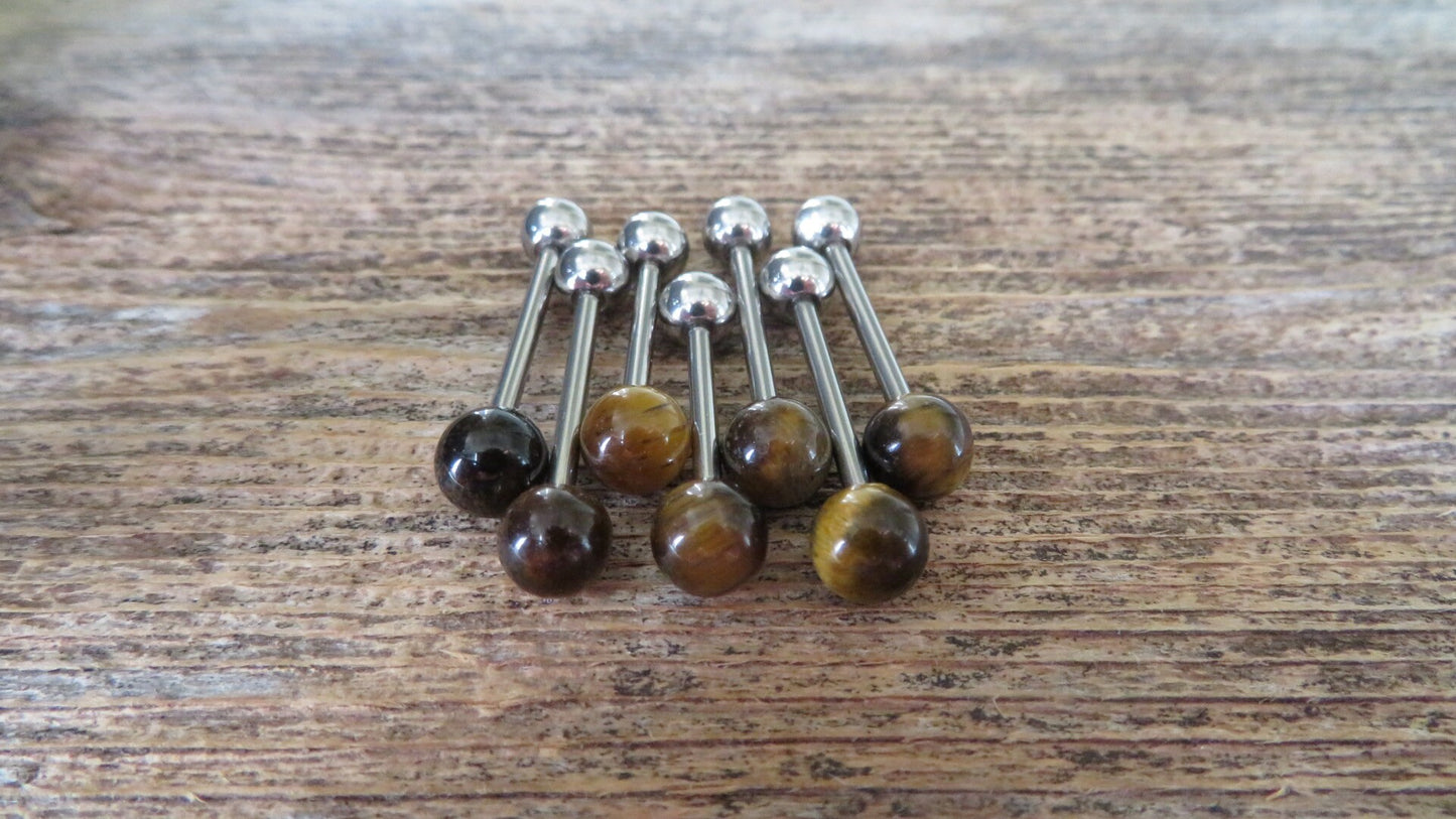Yellow Tiger's Eye Natural Stone Tongue Ring Barbell Bar 14G (1.6mm) Piercing Piercings Barbells Hypoallergenic 316L Surgical Steel