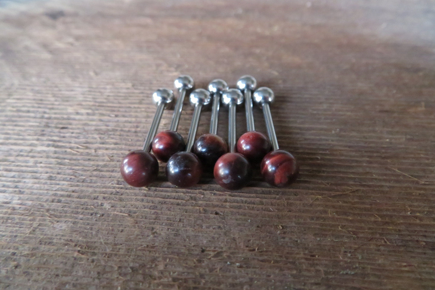 Red Tiger's Eye Natural Stone Tongue Ring Barbell Bar 14G (1.6mm) Piercing Piercings Barbells Hypoallergenic 316L Surgical Steel