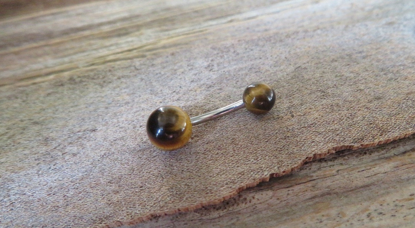 Yellow Tiger's Eye Natural Stone 14G Implant-Grade Titanium Curved Barbell