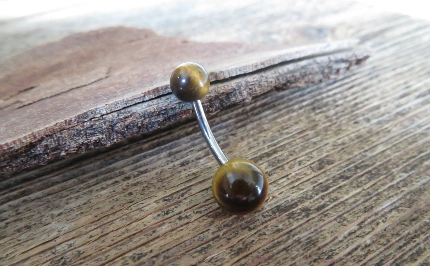 Yellow Tiger's Eye Natural Stone 14G Implant-Grade Titanium Curved Barbell