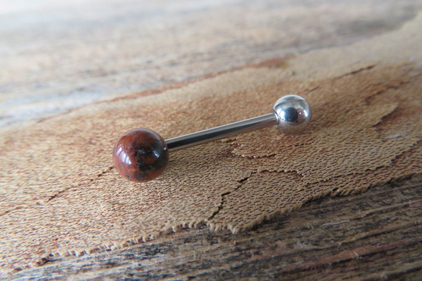 Mahogany Jasper Natural Stone Tongue Ring Barbell Bar 14G (1.6mm) Piercing Piercings Barbells Hypoallergenic 316L Surgical Steel