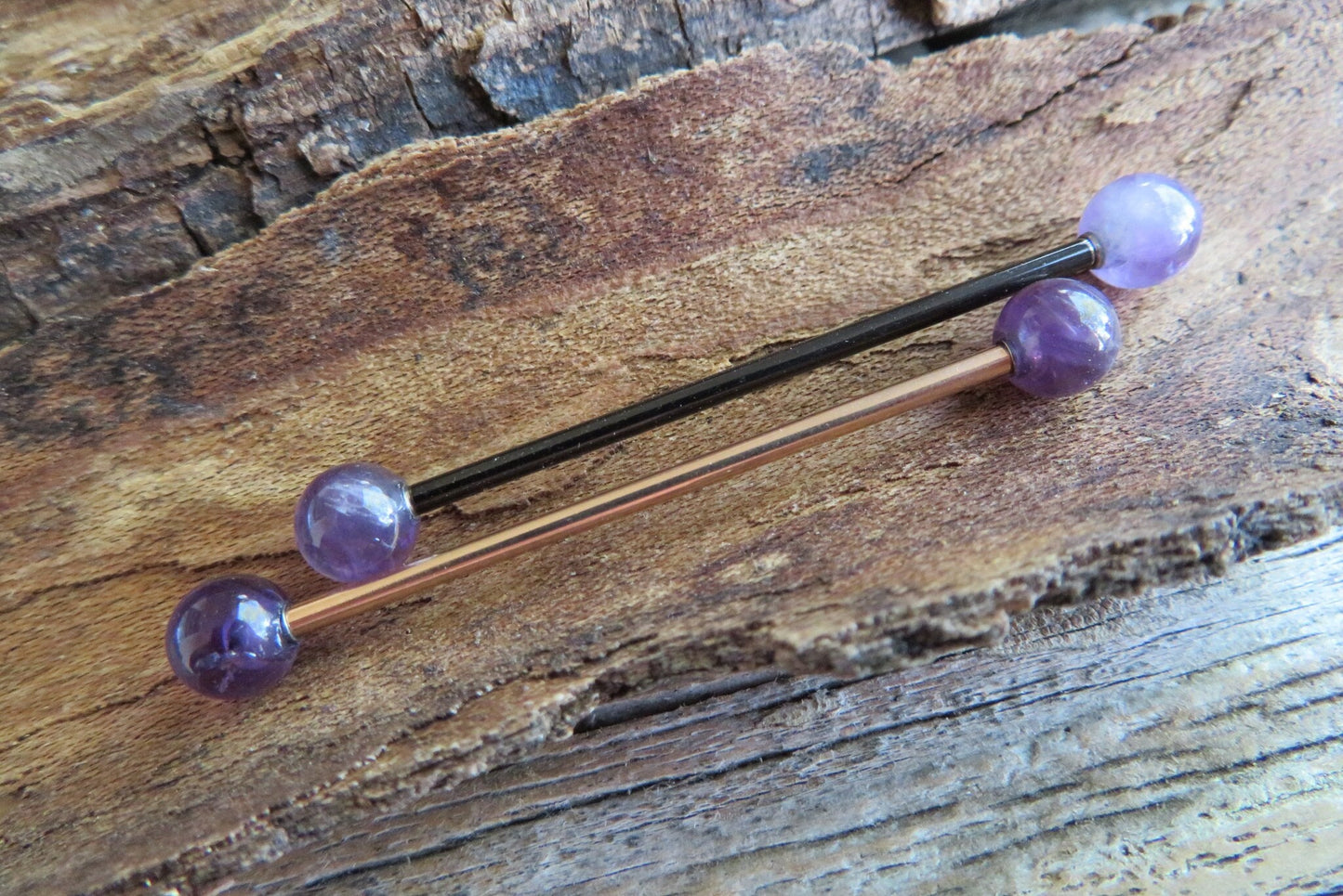 Rose Gold Pick Your Finish Petite Stones Ion Plated Natural Amethyst Industrial Scaffold Bar Barbell 14G (1.6mm) Piercing Piercings