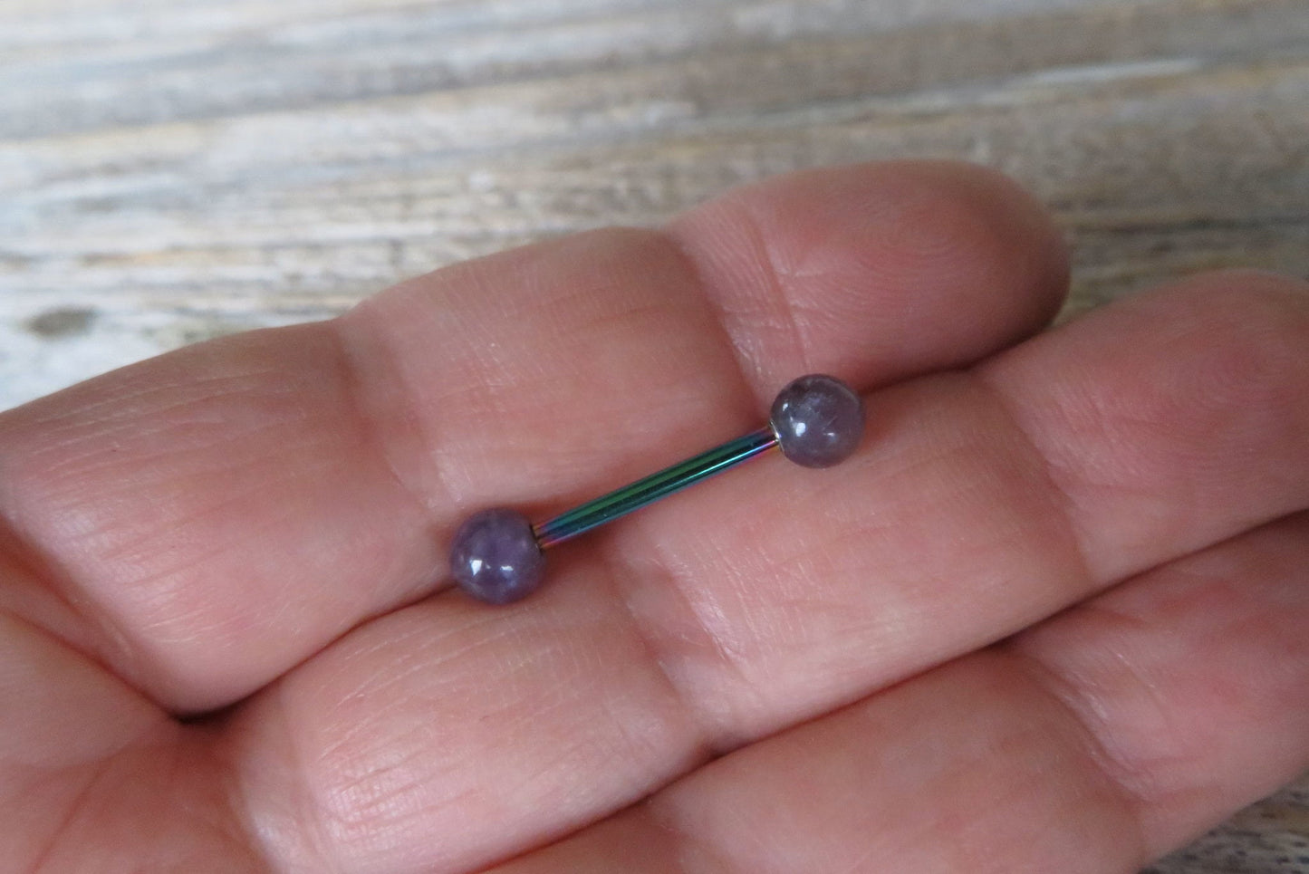 Petite Stones Rainbow Titanium Ion Plated Natural Purple Amethyst 5mm Stone Nipple Tongue Ring 14G (1.6mm) Barbell Barbells Bars Piercing