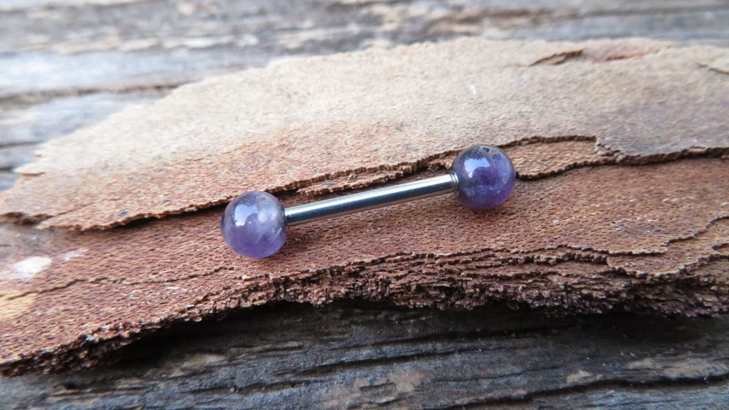 Petite Pure Titanium Implant Grade 6Al-4V-Eli ASTM F Purple Amethyst Natural Stone Nipple Tongue Ring Barbells 14G (1.6mm) Barbell Piercing