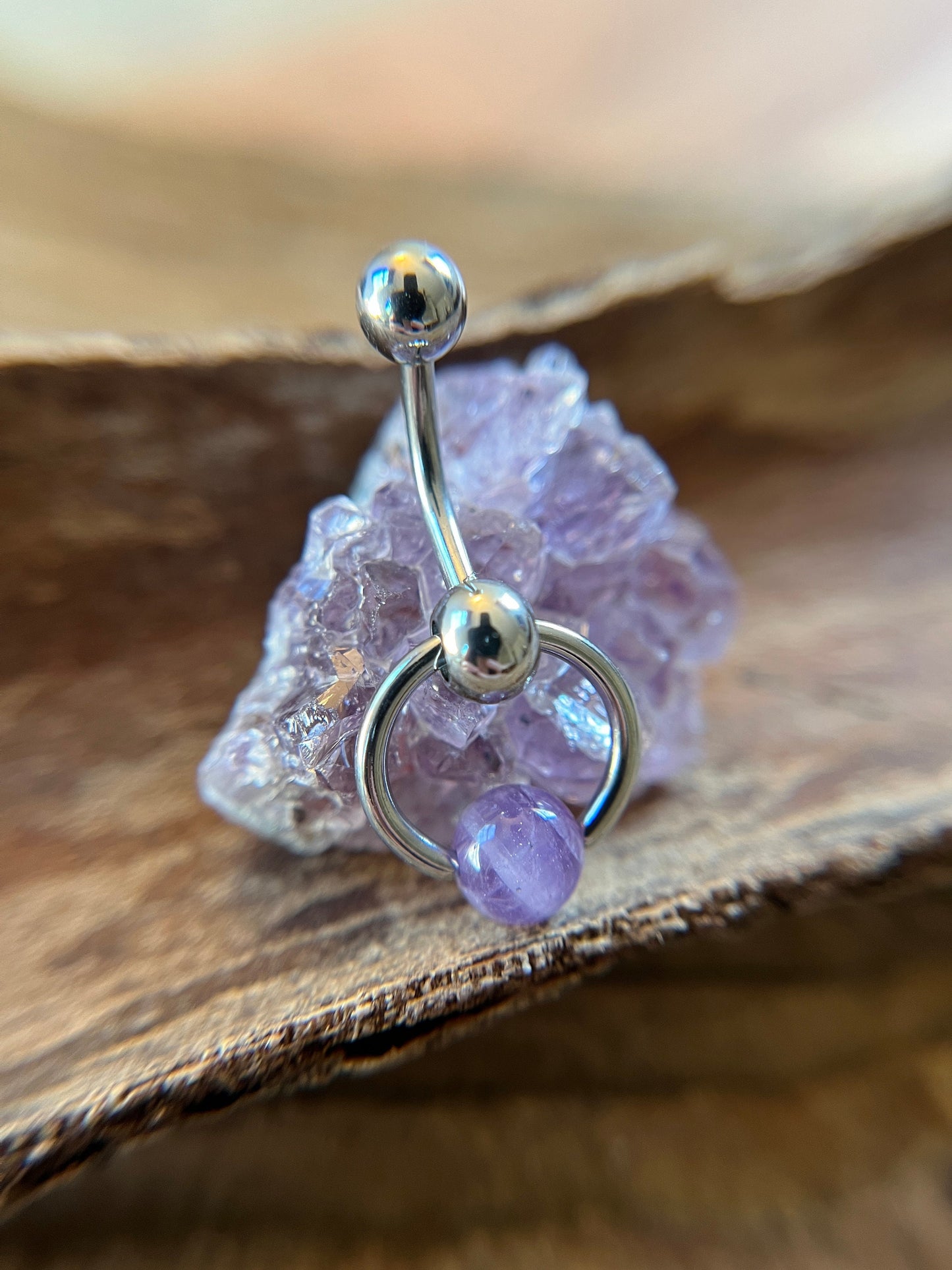 Natural Purple Amethyst Stone Slave Knocker Floating Belly Navel VCH Christina Barbell 14G (1.6mm) Piercing 316L Surgical Steel Ring
