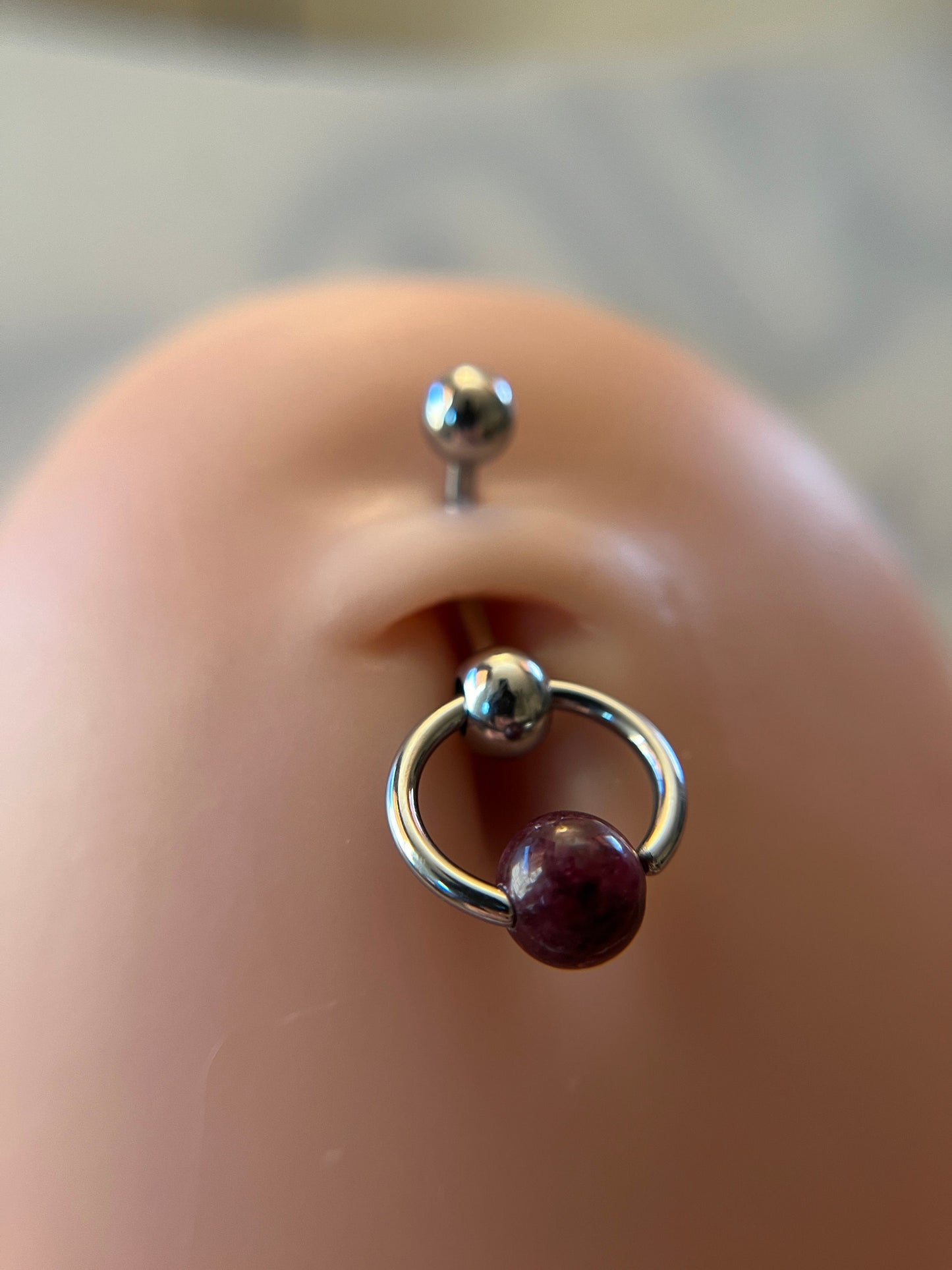 Natural Deep Red Garnet Stone Slave Knocker Floating Belly Navel VCH Christina Barbell 14G (1.6mm) Piercing 316L Surgical Steel Bar Ring