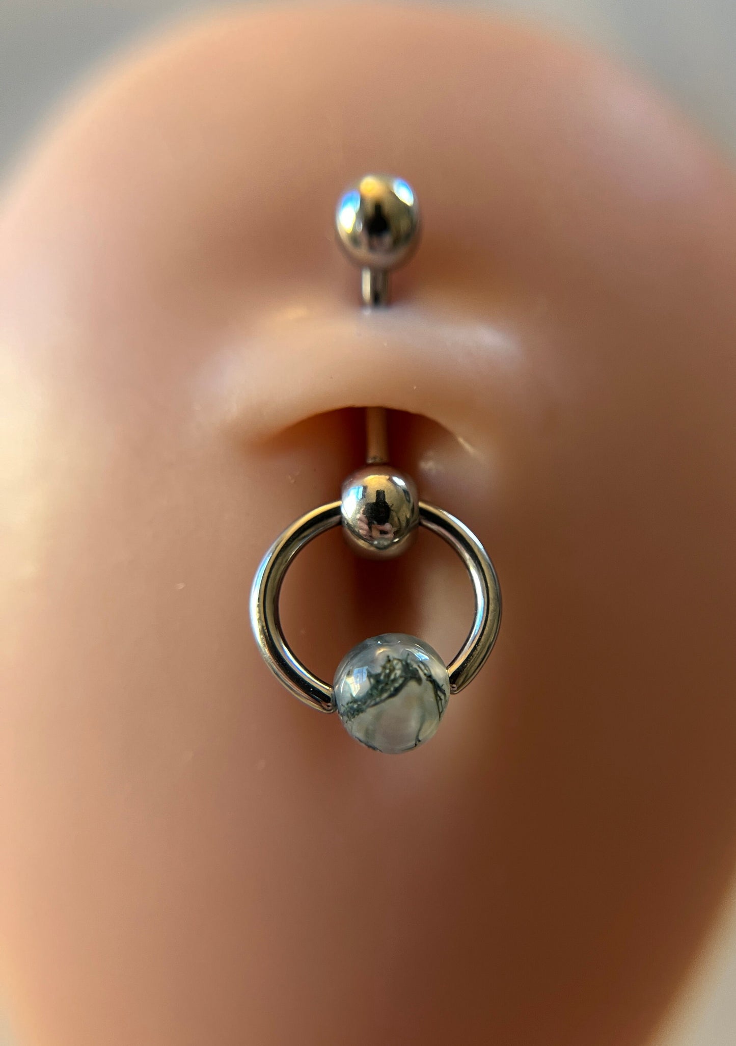 Natural Moss Agate Stone Slave Knocker Floating Belly Navel VCH Christina Barbell 14G (1.6mm) Piercing Hypoallergenic Surgical Steel Ring