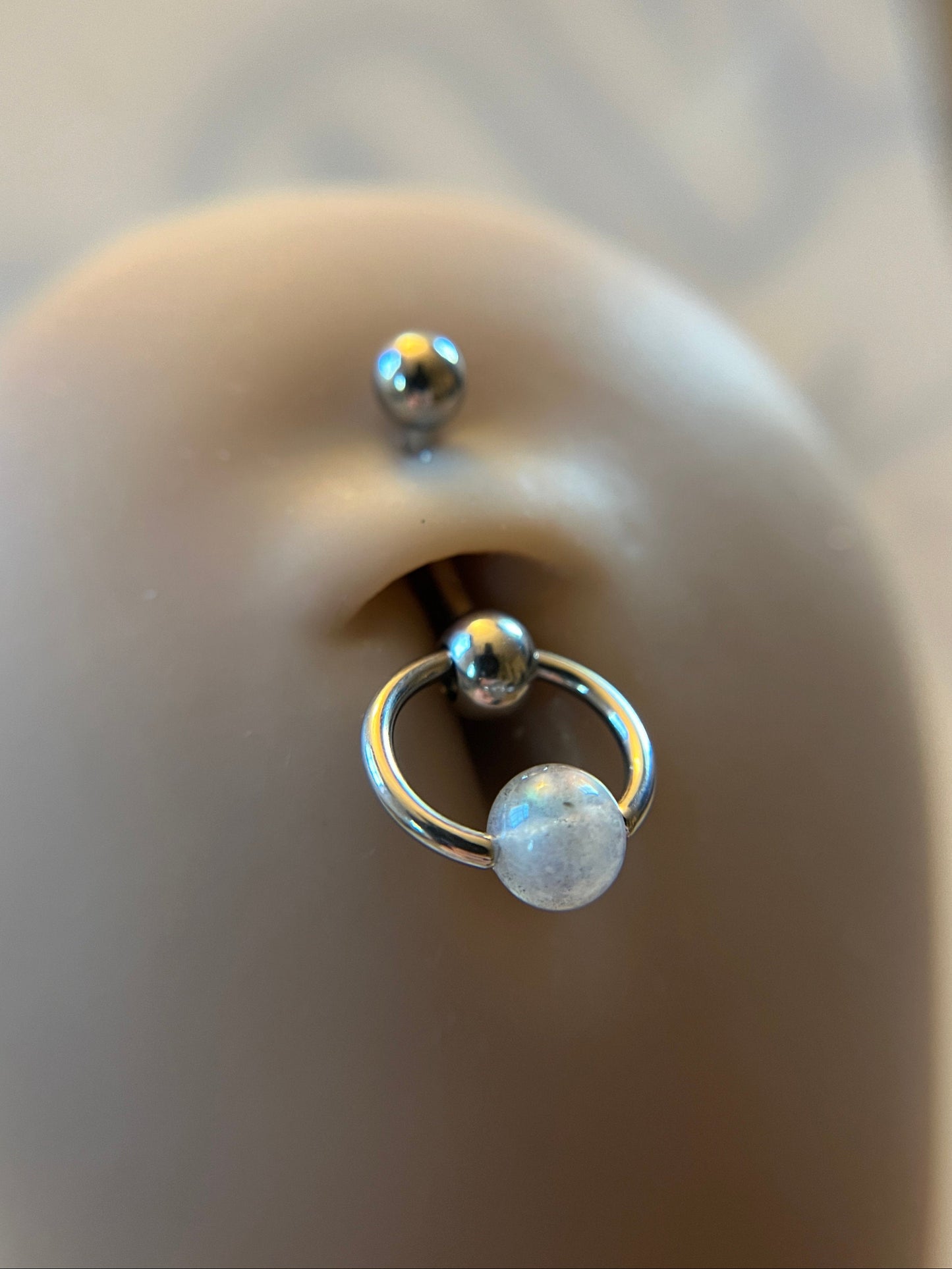 Natural Flash Labradorite Stone Slave Knocker Floating Belly Navel VCH Christina Barbell 14G (1.6mm) Piercing 316L Surgical Steel Ring