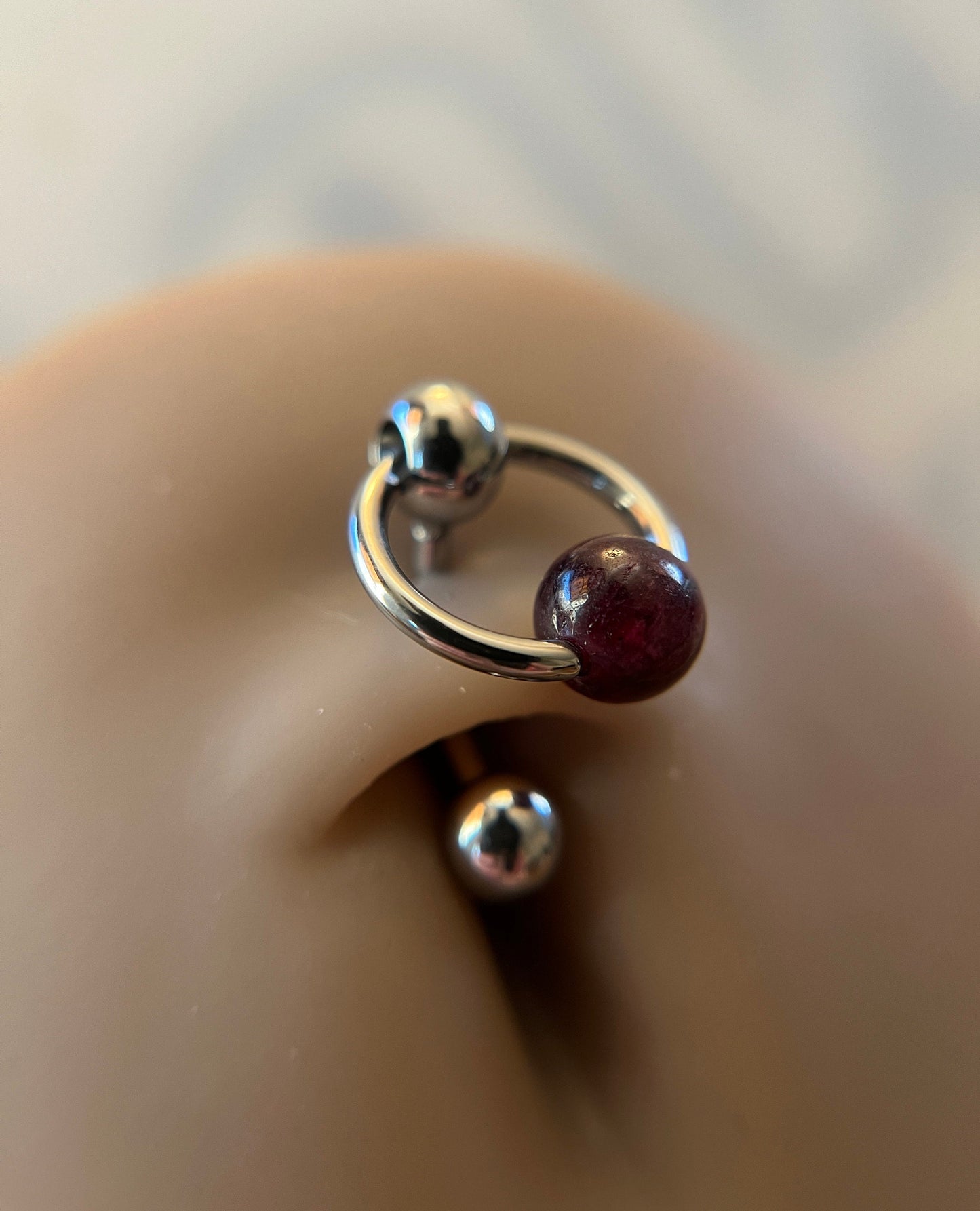 Natural Deep Red Garnet Stone Slave Knocker Floating Belly Navel VCH Christina Barbell 14G (1.6mm) Piercing 316L Surgical Steel Bar Ring