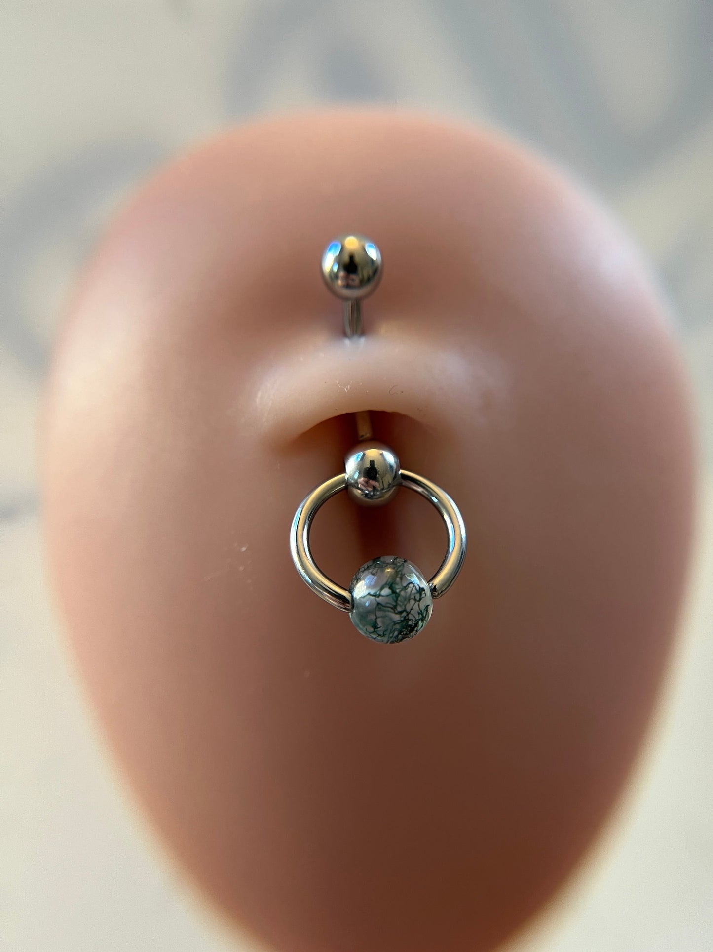 Natural Moss Agate Stone Slave Knocker Floating Belly Navel VCH Christina Barbell 14G (1.6mm) Piercing Hypoallergenic Surgical Steel Ring