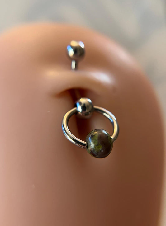 Natural Dragon's Blood Jasper Stone Slave Knocker Floating Belly Navel VCH Christina Barbell 14G (1.6mm) Piercing 316L Surgical Steel Ring