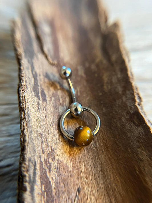 Natural Yellow Tiger's Eye Stone Slave Knocker Floating Belly Navel VCH Christina Barbell 14G (1.6mm) Piercing 316L Surgical Steel Ring