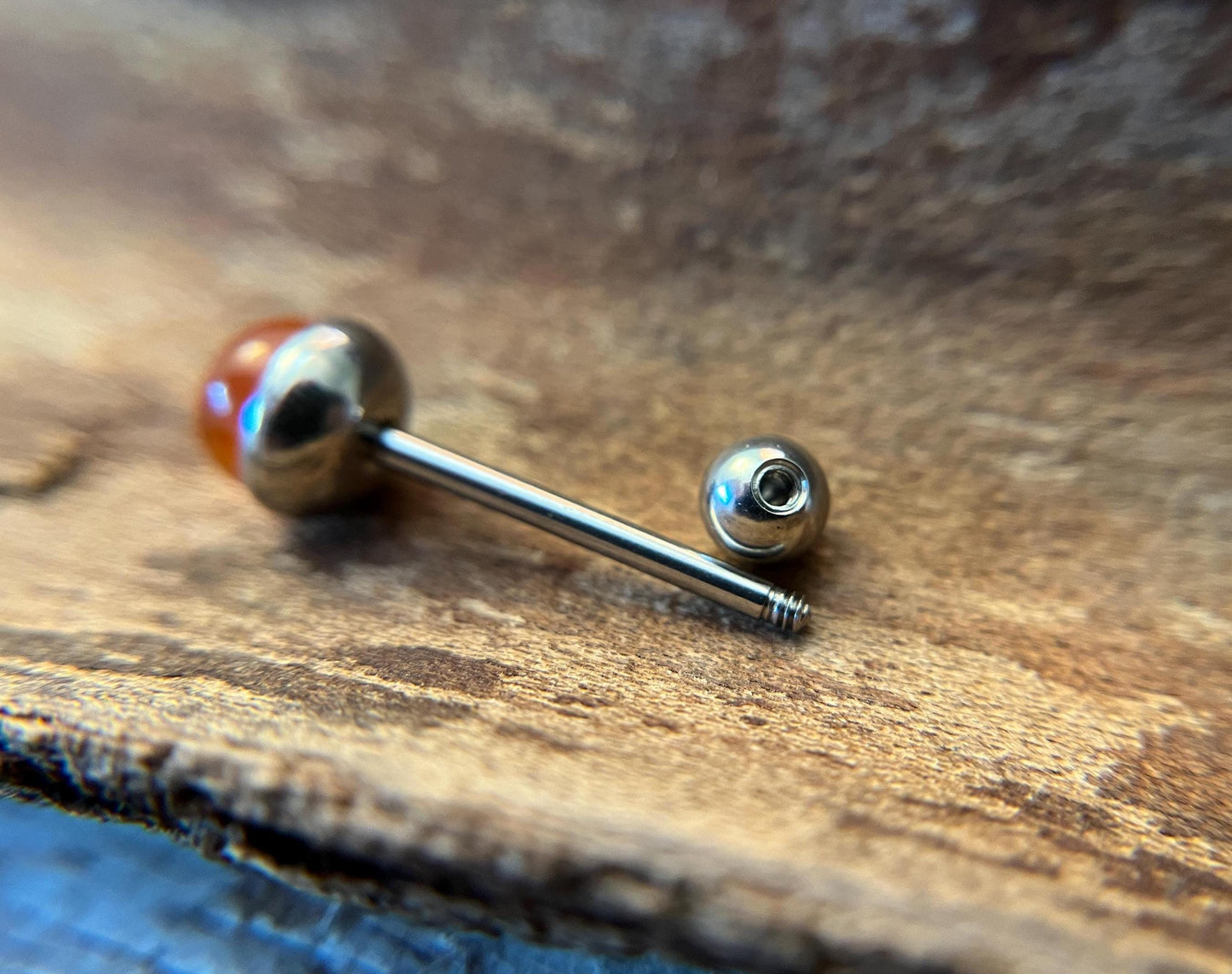 Natural Carnelian Agate Stone Tongue Ring Barbell 14G (1.6mm) Piercing Custom Length Bar Bezel Set Hypoallergenic 316L Surgical Steel
