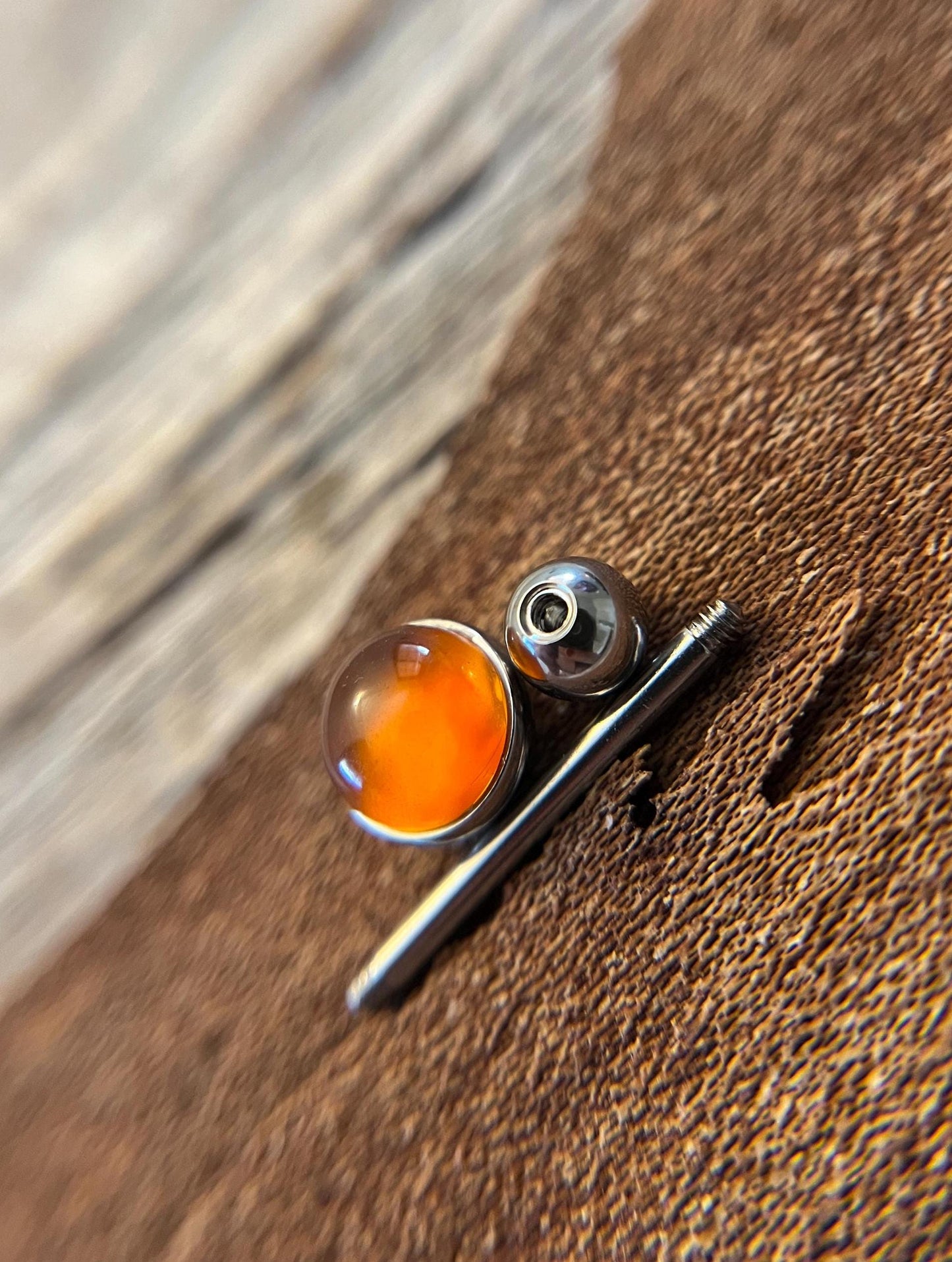 Natural Carnelian Agate Stone Tongue Ring Barbell 14G (1.6mm) Piercing Custom Length Bar Bezel Set Hypoallergenic 316L Surgical Steel