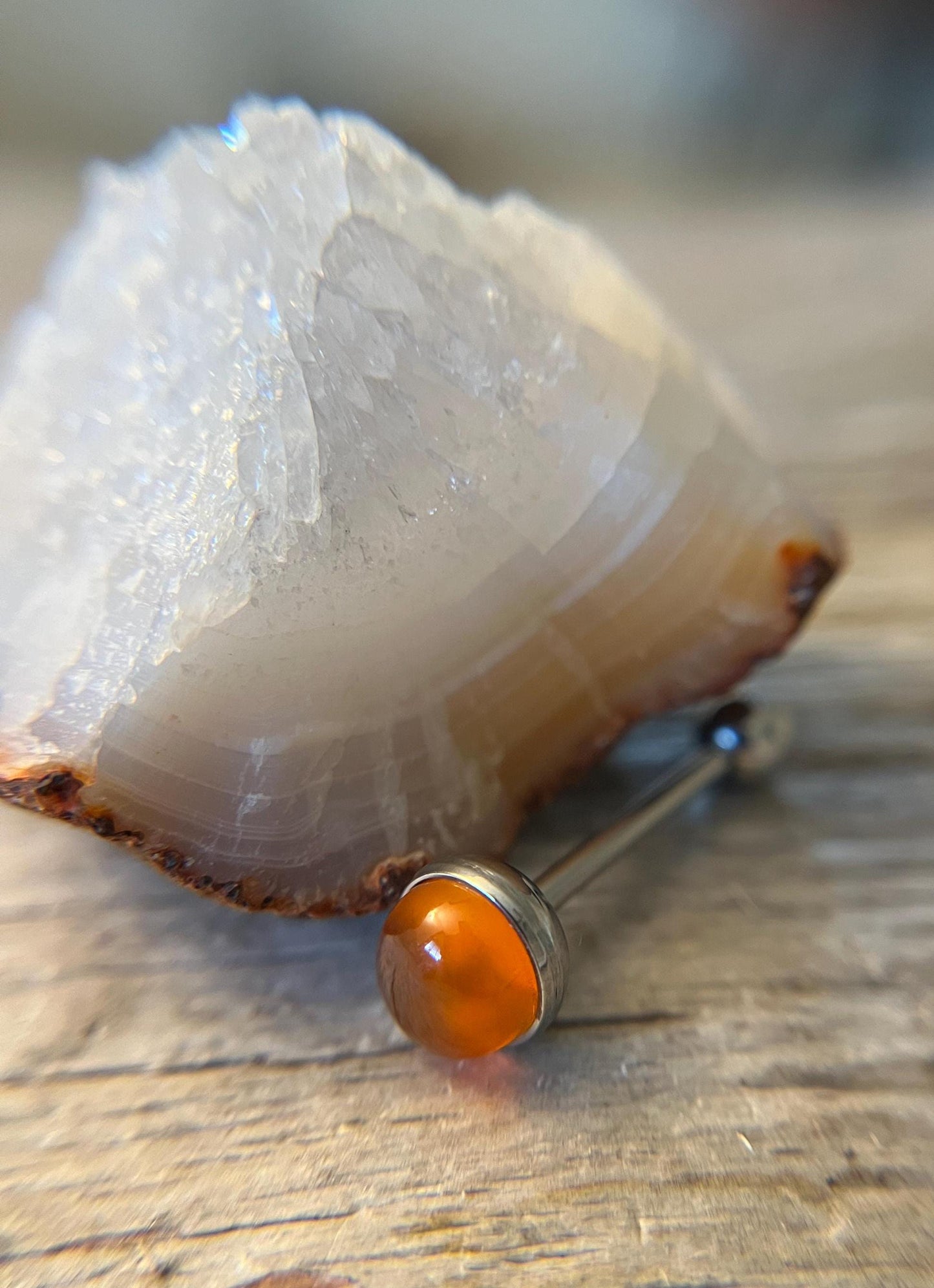 Natural Carnelian Agate Stone Tongue Ring Barbell 14G (1.6mm) Piercing Custom Length Bar Bezel Set Hypoallergenic 316L Surgical Steel