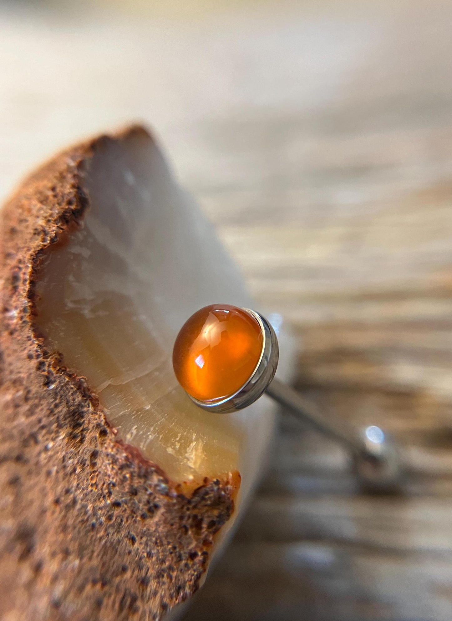 Natural Carnelian Agate Stone Tongue Ring Barbell 14G (1.6mm) Piercing Custom Length Bar Bezel Set Hypoallergenic 316L Surgical Steel