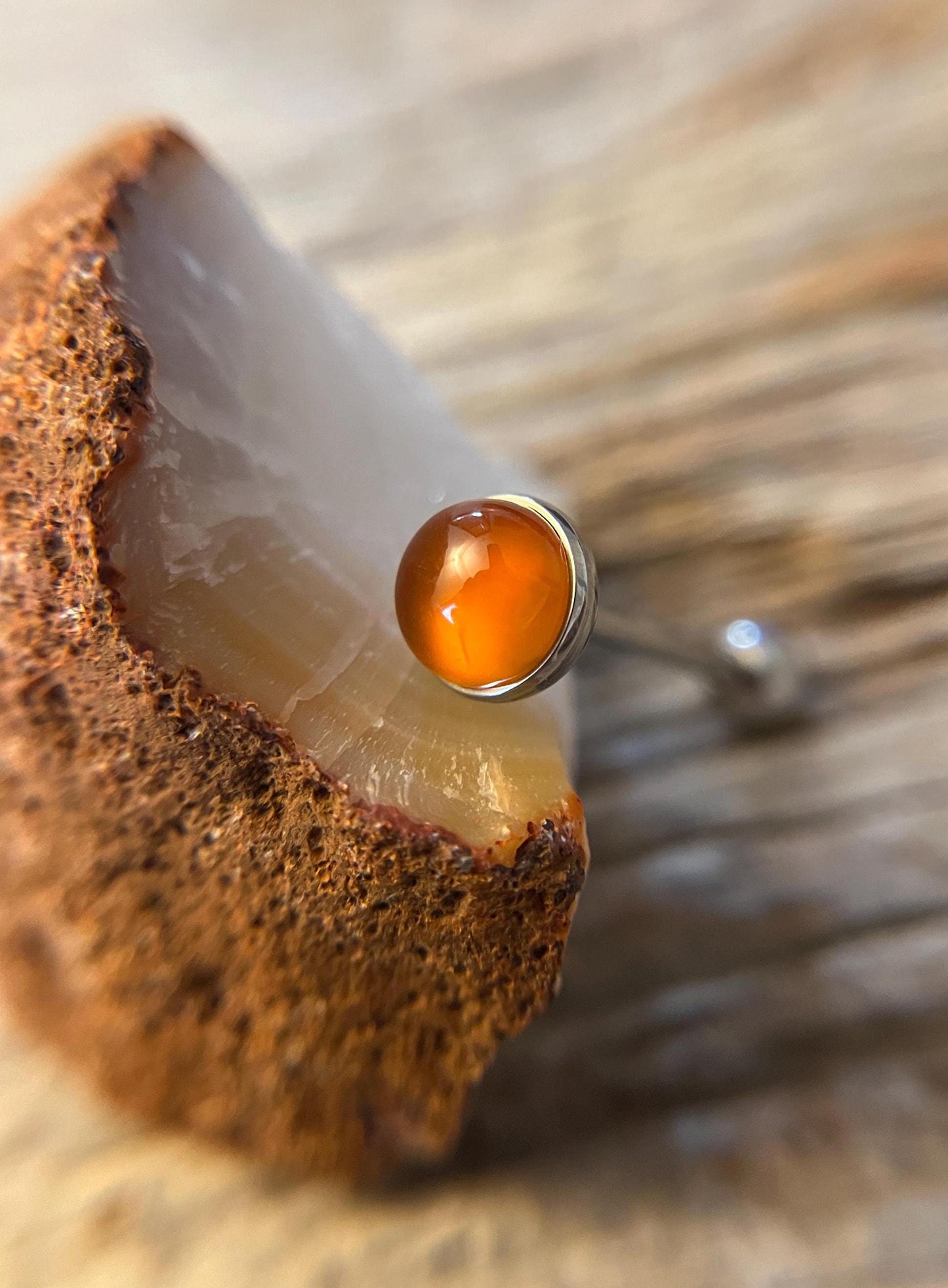 Natural Carnelian Agate Stone Tongue Ring Barbell 14G (1.6mm) Piercing Custom Length Bar Bezel Set Hypoallergenic 316L Surgical Steel